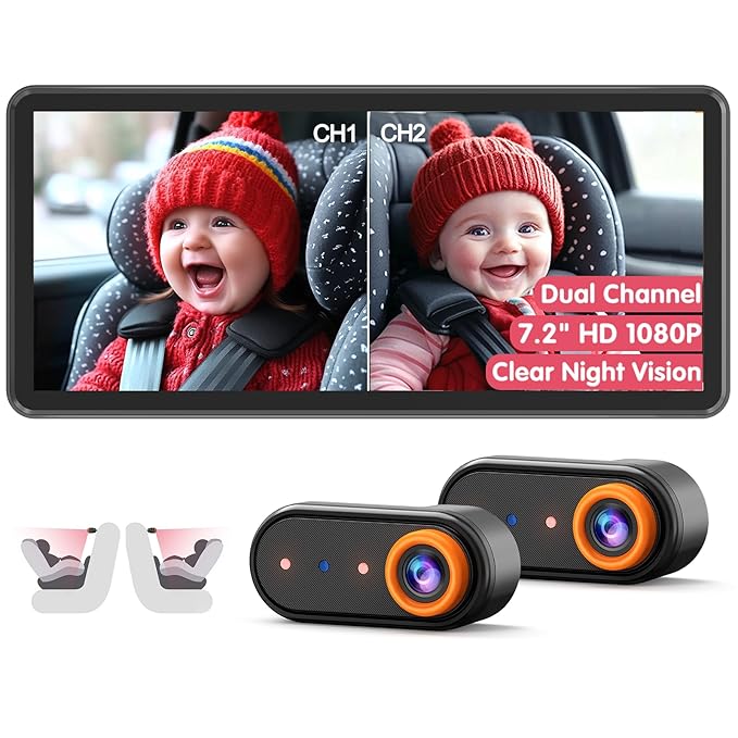 BM5PRO 7.2" 1080P HD Baby Car Camera for 2 Kids, Split Screen with IR Night Vision, Easy to Install & Adjust Brightness, Dual Car Camera Baby Monitor for Rear Seat Safety