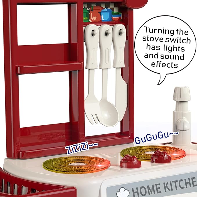 Kitchen Set for Toddler with Sound and Light，Pretend Cooking Food Set,Kids Kitchen Playset，Play Sink with Running Water and Electronic Induction Stove，Kitchen Accessories (red Kitchen and More Food)
