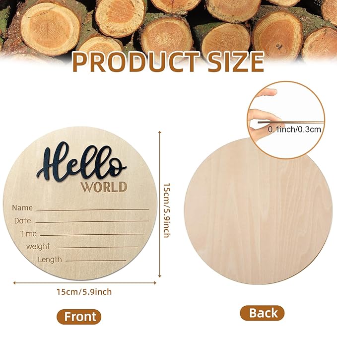 Baby Announcement Sign, 5.9 Inch Wooden Hello World Newborn Signs, Birth Announcement Sign, Baby Shower Hospital Nursery for Newborn Boys and Girls (Black)