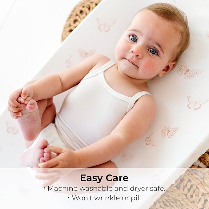 Ely’s & Co. Changing Pad Cover, Diaper Changing Table Sheets, 2 Pack, Cradle Sheet Set for Baby Girls, 100% Jersey Knit Cotton, 32”x16”x5” Pink Butterfly + Stripe Collection
