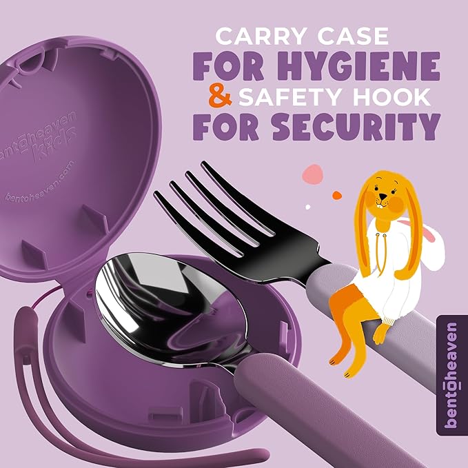 Bentoheaven Kids Travel Utensils with Case, Food-Grade Stainless Steel & BPA-Free Plastic, Travel Cutlery Set, Dishwasher Safe Fork, Spoon & Case, Reusable Flatware, Silverware for Kids (Horse)