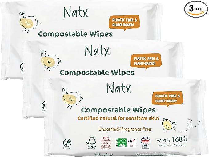 Eco by Naty Unscented Baby Wipes, (3 packs of 56), Plant based Compostable Wipes, 0% plastic. No nasty chemicals, 168 Count