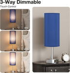 Navy Blue Touch Lamp for Boys - Small Nightstand Lamp with USB-C and USB Charging Ports, 3 Way Dimmable Bedside Table Lamp with Fabric Shade Silver Base for Nursery, Dorm, Office, Reading