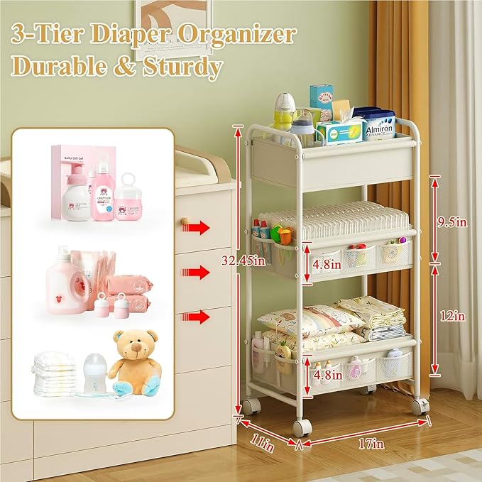 3-Tier Baby Diaper Caddy Cart Organizer,Mobile Nursery Storage Cart with Wheels，With 2 Dividers & 14 Mesh Pockets Durable Metal Utility Cart for Nursery, Bedroom, Bathroom Essentials Organization