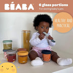BEABA 6 Pack Glass Baby Food Jars with Soft Silicone Air Tight Lids, 8 oz Glass Storage Containers with Lids, Microwave and Freezer Safe Containers, Sunrise