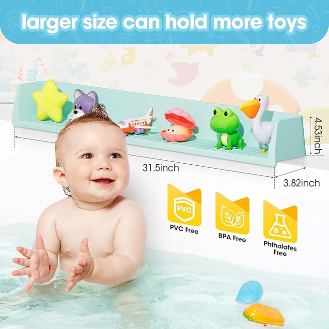 Bathtub Splash Guard for Kids - 31.4 Inch Extra Wide Bath Splash Barrier with 11 Strong Suction Cups, Flexible Silicone Tub Ledge Organizer to Keep Bathroom Floor Dry(Green)