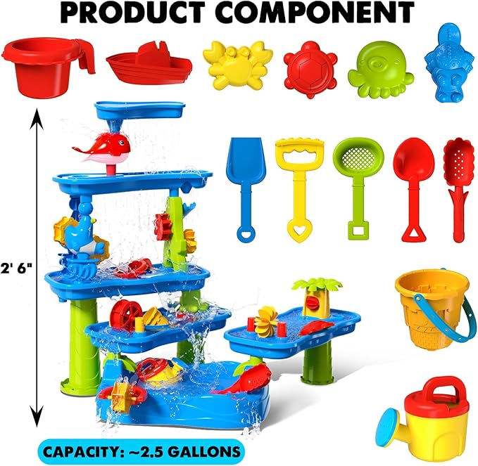 CozyBomB™ Water Table for Toddlers 3-5 | Outdoor Toys Water Play Table, Magnetic Fishing Toy Game, Summer Splash Pond Showers Sand Activity, Sensory Party Birthday Gift Kids Ages 4-8 9-12 (5-Tiers)