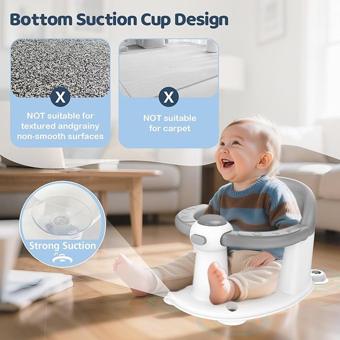 Baby Bath Seat for Babies 6 Months & up, 3 Baby Bath Toys, Non-Slip Baby Bath Seat, Safe & Comfortable Baby Bath Support, for Bathtub/Living Room/Shower Room, Grey