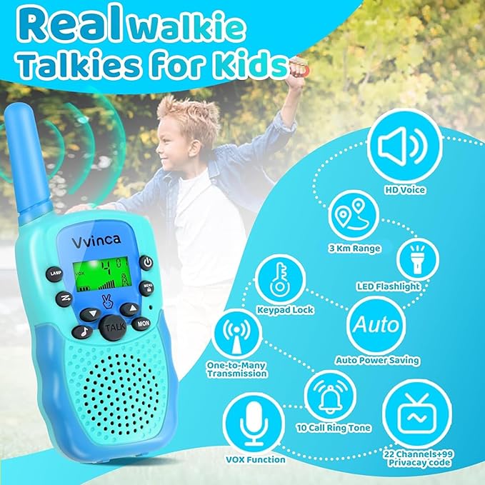 Vvinca Rechargeable Walkie Talkies for Kids 4 Pack, 5-7 Year Old Boy Toys Long Range 22 Channels 2 Way Kids Walkie Talkie with Flashlight for Camping Hiking Indoor Outdoor 3 4 5 6-12 Girl Boy Gift