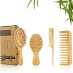 Bamboo Hair Brush Set - Natural Bamboo Paddle Detangling Hairbrush and Comb Set, Suit for Thick/Thin -Gift for Women Men and Kids