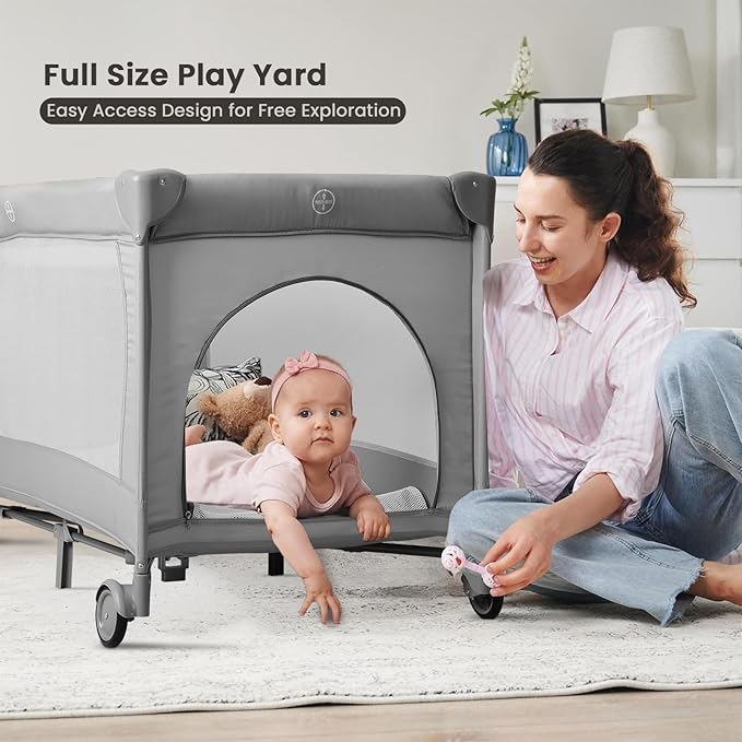 Large Pack and Play, Baby Bed Portable Crib with Diaper Changing Table Mattress Hanging Toys & Decor, Travel Bassinet Bedside Sleeper Playard from Newborn to Toddlers
