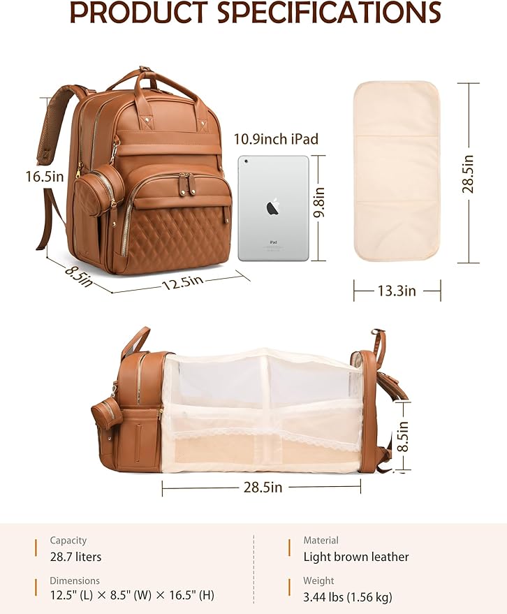 Diaper Bag Backpack, Multifunction Waterproof Diaper Bag for Baby, with Diaper Changing Station, Newborn Essentials Must Haves, Baby Portable Bag, Unisex, Brown Vegan Leather