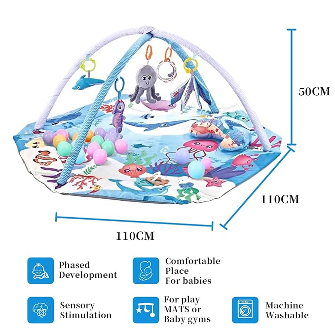 Baby Play Gym Mat,10-in-1 Tummy Time Mat,Sea World Baby Play Mat Activity Gym,Washable Foldable Baby Floor Play Mat for Infants and Toddlers from 0-6-12 Months Newborn Sensory Motor Skill Development