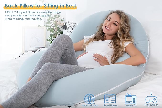 INSEN Pregnancy Pillows for Sleeping, Maternity Pillow with Cooling Cotton Cover, C Shaped for Pregnant Side Sleeping (Green Jersey)