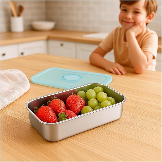 2 Pack Stainless Steel Snack Containers – Leakproof Reusable Bento Boxes with Lids for Food Storage, Travel, Work, Outdoor (Clear Lid/Silver Base, 1 Compartment)