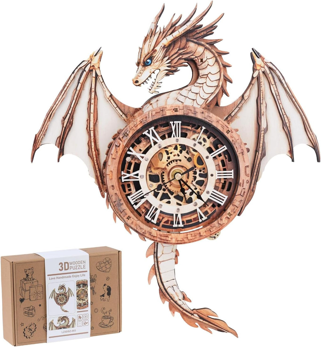 Rnfinewow 3D Wooden Puzzles for Adults, 3D Puzzles Dragon Clock Kit (with Pendulum), Beginners Wooden Puzzle for Adults Teens Home Wall Decor Clock Gifts for Men Women
