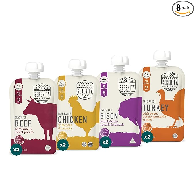 Serenity Kids 6+ Months Baby Food Pouches - Ethically Sourced Meat & Organic Veggies - High Protein Savory Baby Puree Pouches for Baby Snacks - 3.5 Oz, 8 Pack