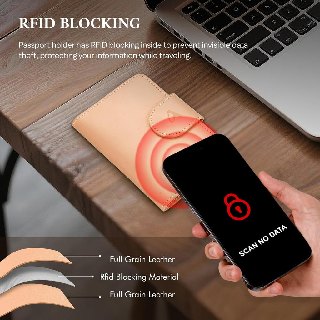 ALLIVE Genuine Leather Passport Holder, Rfid Passport Holder for Travel with AirTag Hidden, Passport Cover Wallet Travel Must Haves Airport Essentials, Passport Cover Travel Gifts (Beige)