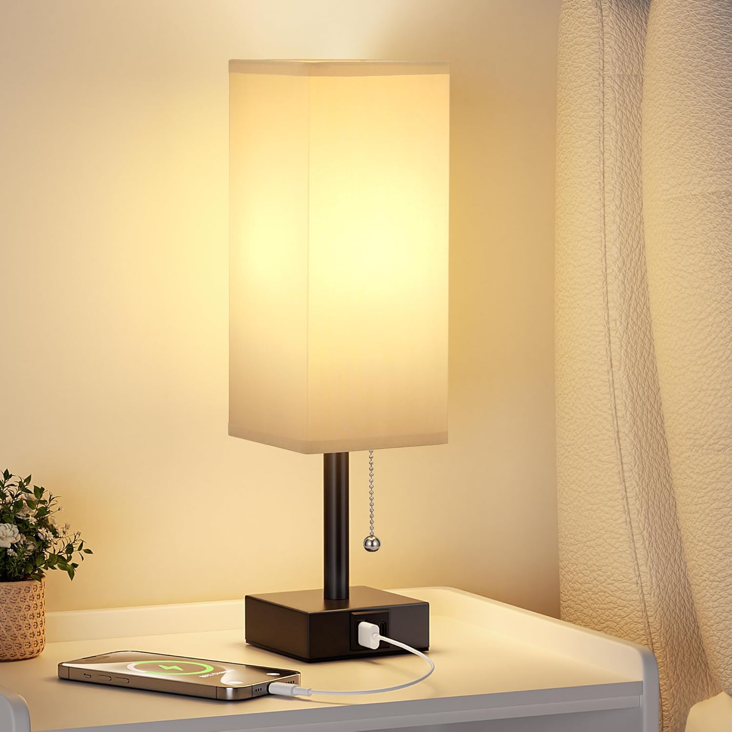 Gray Small Bedroom Lamp - 3 Color Temperature 3000K 5000K 4000K Bedside Lamp, Pull Chain Control, USB A and C Charging Ports, Black Base, for Kids Office Dorm, Bulb Included