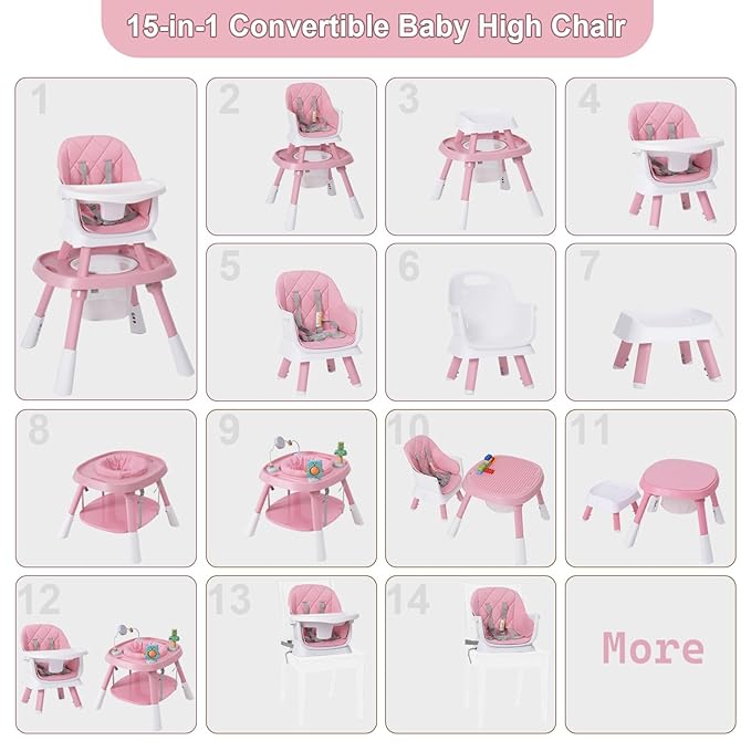 Babyliebe 15-in-1 Baby High Chair, Convertible Highchair for Babies and Toddlers with Activity Center, Booster Seat, Building Block Table, Toddler Chair with Safety Harness, Removable Tray (Pink)