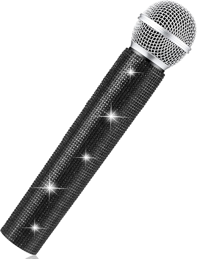 Sanwuta Fake Microphone Prop Sparkly Bling Rhinestones Plastic Play Microphone Pretend Glitter Bedazzled Mic for Cosplay Party Costume(Black)