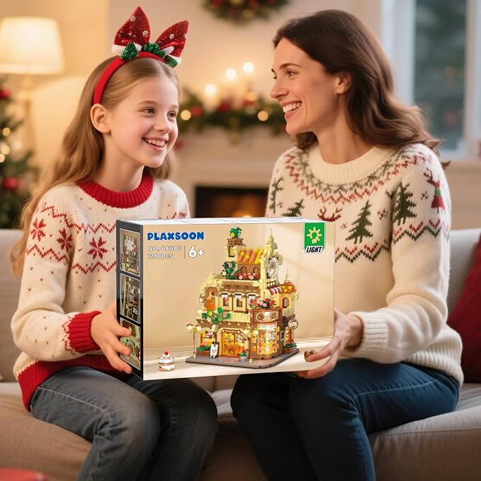 Flower Bakery Coffee House Building Set with Lights, City Cafe Baking House Display Model Toy, 1289 PCS Modular Construction Building Blocks Kit Home Decor, Gift for Adults Teens Girls 12+