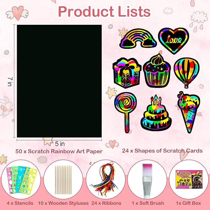 Rainbow Scratch Paper Art for Kids: 60PCS Magic Arts Crafts Gifts Toys for Girls Boys Ages 4 5 6 7 8 9 Games Activities for Birthday Family Valentines Christmas Stocking Stuffers Easter
