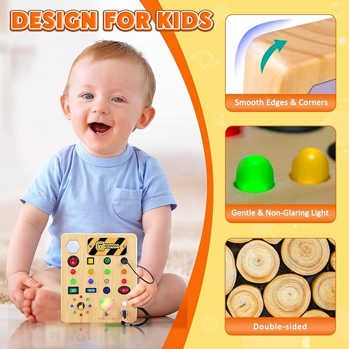 Busy Board with LED Light, Wooden Sensory Toys for Toddler, Montessori Music Toy for Airplane, Travel Activity Educational Learning Autism Toys, Birthday Boys Girls Gifts