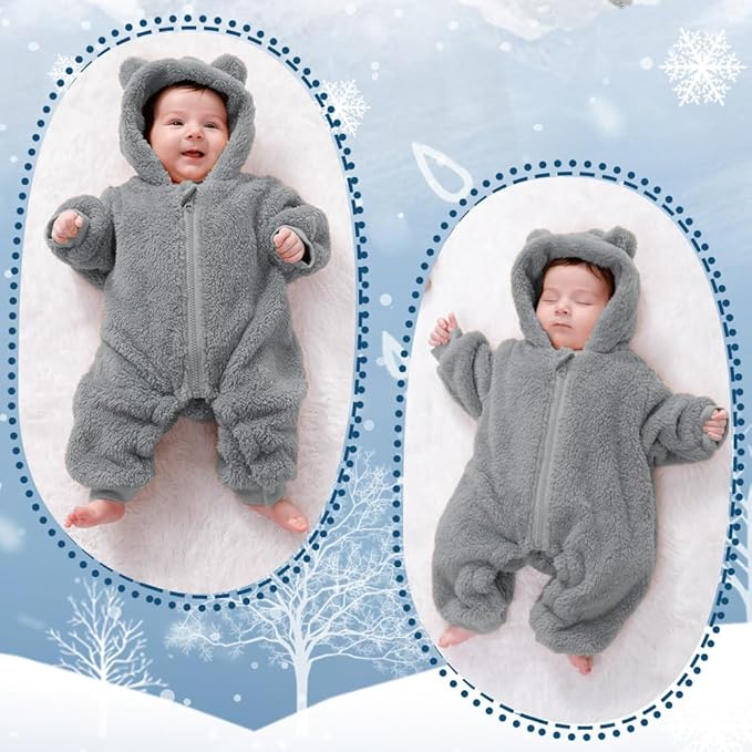 Newborn Baby Bear Outfit Suit Girls Boys Fleece Jumpsuit Romper Hooded Winter Snowsuit Clothes