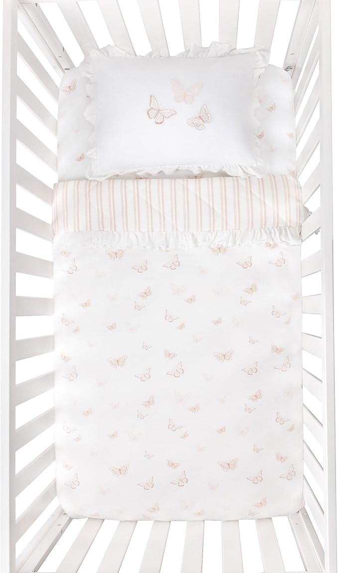 Ely's & Co. Crib Bedding Set for Girls, Toddler Bedding Set, 5 Piece Set - 2 Fitted Crib Sheets/Toddler Bed Sheets, Quilted Comforter and Decorative Pillow with Insert, Butterfly + Stripe Collection