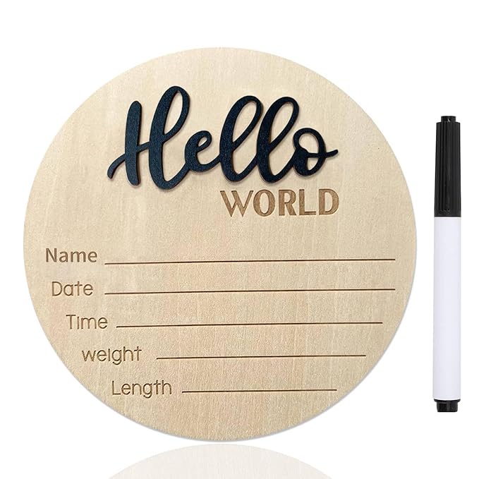 Baby Announcement Sign, 5.9 Inch Wooden Hello World Newborn Signs, Birth Announcement Sign, Baby Shower Hospital Nursery for Newborn Boys and Girls (Black,Pen)