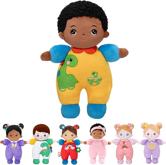 OUOZZZ 10" Soft Black Boy Baby Doll for 1 Year Old - Dinosaur Toys for 1 Year Old Birthday Christmas Plush Gift for Toddler Adorable First Buddy Doll
