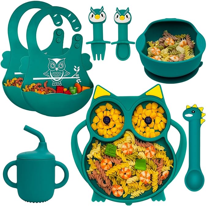 Silicone Feeding Set, Baby Led Weaning Supplies - Suction Plate and Bowl Set, Toddler Self Feeding Dish with Spoons, Forks, Sippy Cup and Adjustable Bib for 6+ Months - Blue