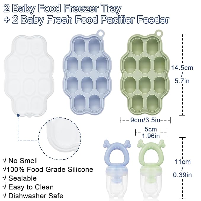 KingKam Baby Breastmilk Popsicle Molds & Baby Fruit Feeder (2 Pack), Baby Food Freezer Tray Storage Containers, Silicone Pacifier Feeder and Teether