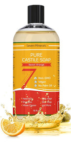 Seven Minerals Pure Castile Soap, Sweet Orange 16oz - No Palm Oil, GMO-Free - Gentle Liquid Soap For Sensitive Skin & Baby Wash - All Natural Vegan Formula with Organic Carrier Oils
