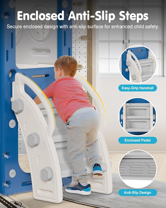 Babytronic Toddler Slide Set, 8 in 1 Kids Slide, Indoor Outdoor Slide for Toddlers Age 1-3, Toddler Playset with Basketball Hoop and Tunnel, Toddler Indoor Outdoor Playground, Blue&Grey