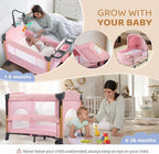 JOYMOR 7 in 1 Bedside Bassinet with Changing Table, Baby Girl Bassinet, Pink Bedside Sleeper with Mattress, Sheet, Canopy, Storage Shelf