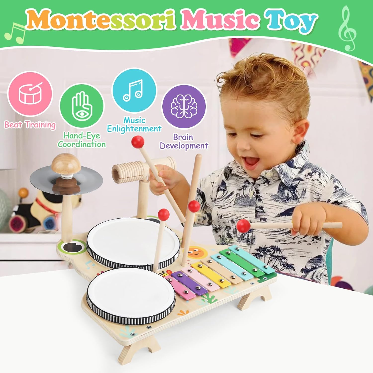 Kids Drum Set for Toddlers, Montessori Wooden Musical Instruments Preschool Educational Baby Musical Toys, Xylophone Bell Music Sensory Toys Birthday Gifts for Girls Boys