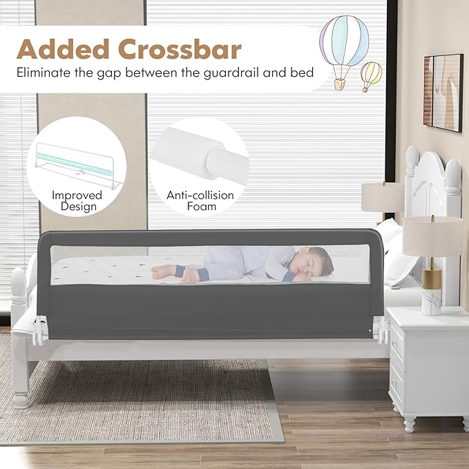 Costzon Bed Rail for Toddlers, 2 PCS Extra Long Swing Down Safety Bed Guards w/Straps for Convertible Crib, Kids Twin, Double, Full Size, Queen & King Bed, Folding Bed Rails for Baby (71-Inch, Gray)