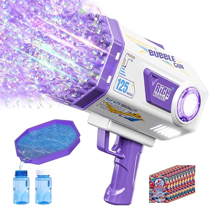 Bubble Gun, 125 Holes Bubble Machine Gun, Bubble Blaster Gun for Kids, Rechargeable Bubble Gun with Bubble Solution, Summer Toy Party Favors Bubble Maker for Wedding Birthday (Purple)