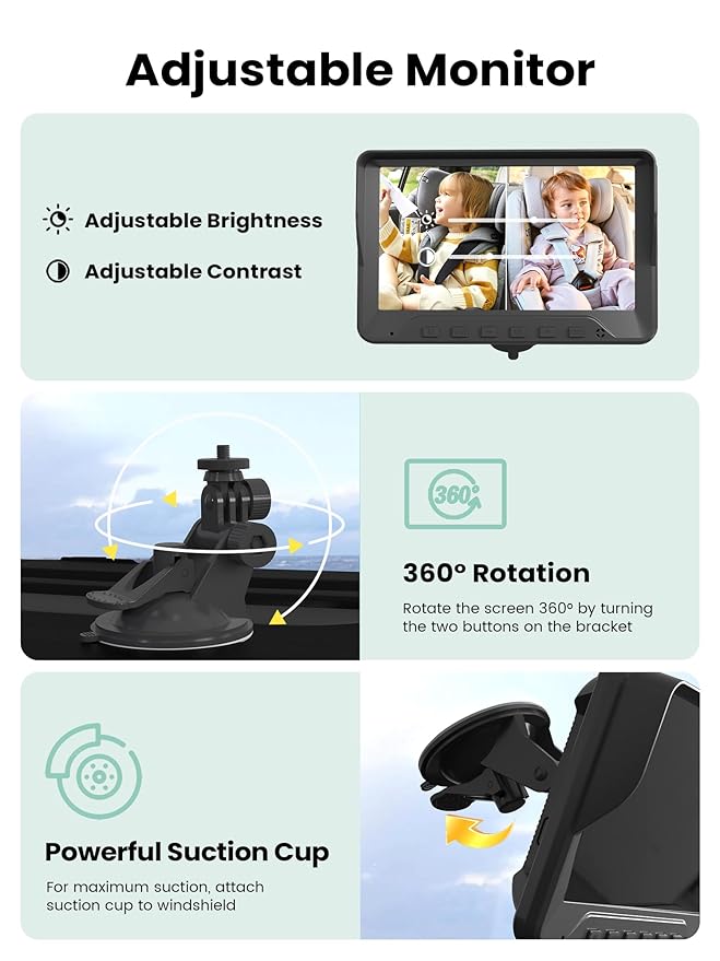 GROWNSY Dual Car Camera Baby Monitor, 7" 1080P AHD Car Camera for 2kids, Backseat Mirror for Baby Rear Facing with Infrared Night Vision, Easily Observe Baby's Every Move