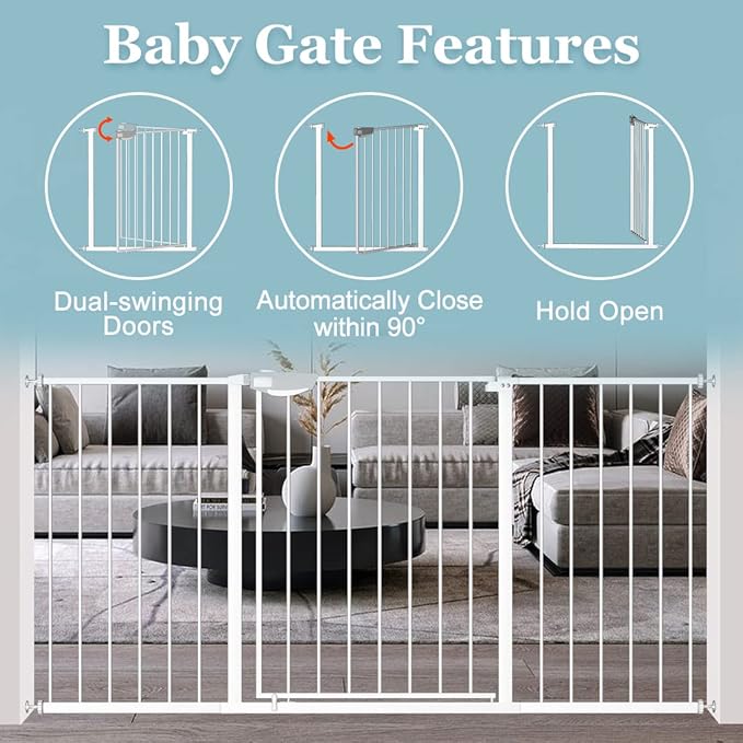 WAOWAO Triple Lock Baby Gate Extra Wide 53.93-57.87" Pressure Mounted Walk Through Swing Auto Close Safety White Metal Dog Pet Puppy Cat for Stairs,Doorways,Kitchen