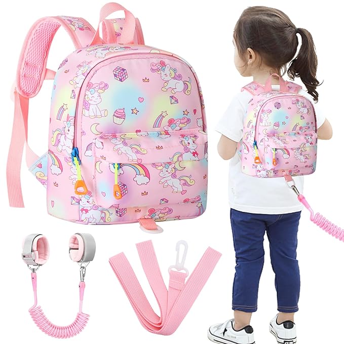 Accmor Toddler Backpack Leash with Anti Lost Wrist Link, Cute Mini Child Walking Harnesses Keep Kids Close Back Pack Rope Tether Rein for Baby Girls (Pink Colorful/Unicorn)