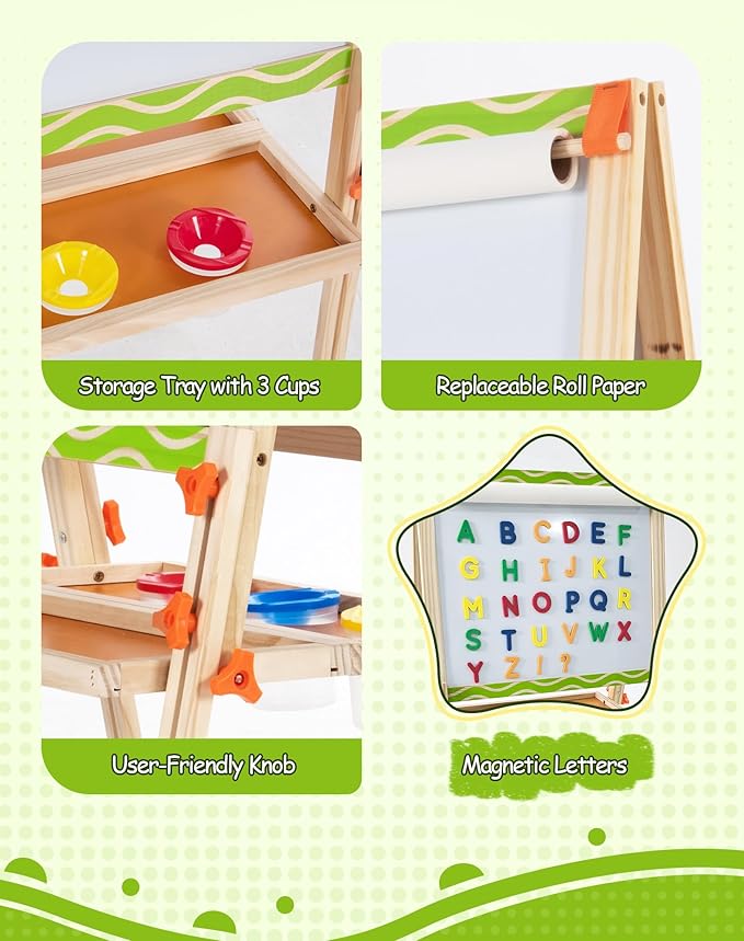 Kids Easel 3-1 Adjustable Art Easel Wooden Drawing Board Double-Sided with Magnetic Whiteboard & Chalkboard for Ages 3-8, Foldable Design Includes Paper Roll