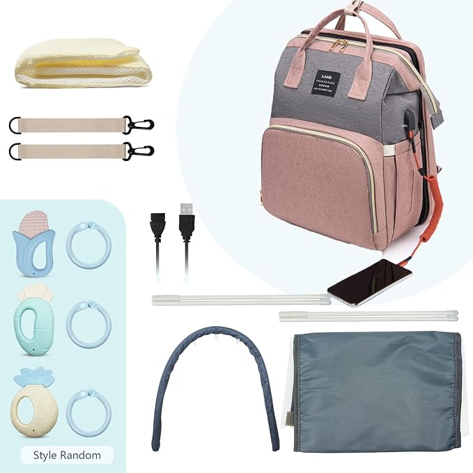 Diaper Bag with Changing Station, Baby Diaper Bag with USB Charging Port, Multi-functional Waterproof Travel Essentials Diaper Bag Backpack for Boys & Girls, Pink