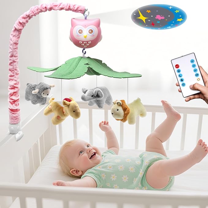 Baby Crib Mobile with Music and Lights for Boys Musical Mobile Animals for Crib Bassinet Girls Toys Hanging Portable Safari Nursery Decor Pink