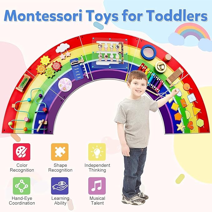 Activity Wall Busy Board for Toddlers: Montessori Sensory Toys- Sensory Wall Panel for Kids Playroom Daycare Learning Center Rainbow
