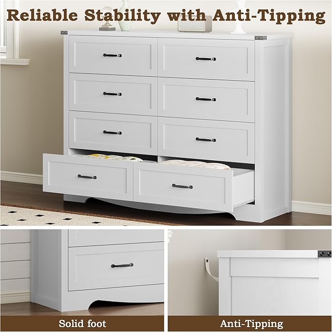 8-Drawer Dresser for Bedroom, Modern Wooden Chest of Drawers with Metal Handles, Anti-Tipping Design, Sturdy and Stable Storage Organizer for Living Room, Entryway, Home Office, Standard
