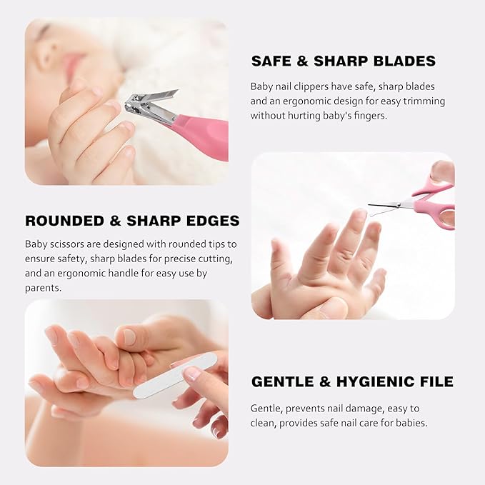 Baby Grooming Kit with Storage Pouch Baby Brush Soft Bristles 5 pcs-Infant Brush, Rounded Comb, Safety Scissors, Nail Clippers & Emery Board -Health Care Kit for Newborns & Toddlers Pink