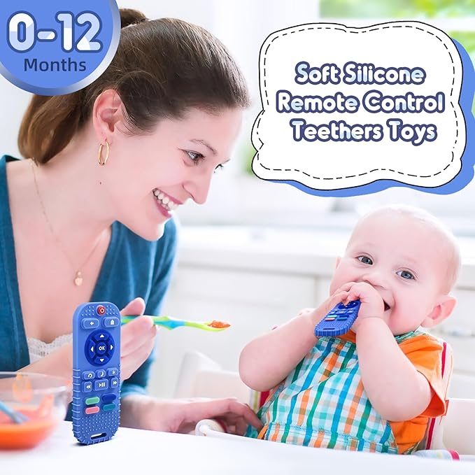 AiTuiTui Baby Teething Relief Chew Toys for 3 6 9 12 Months Essentials, Silicone Teether Remote Control Bath Toy for Autism Newborn Infant Boy Girl Baby Shower Birthday Gifts, Dark Blue